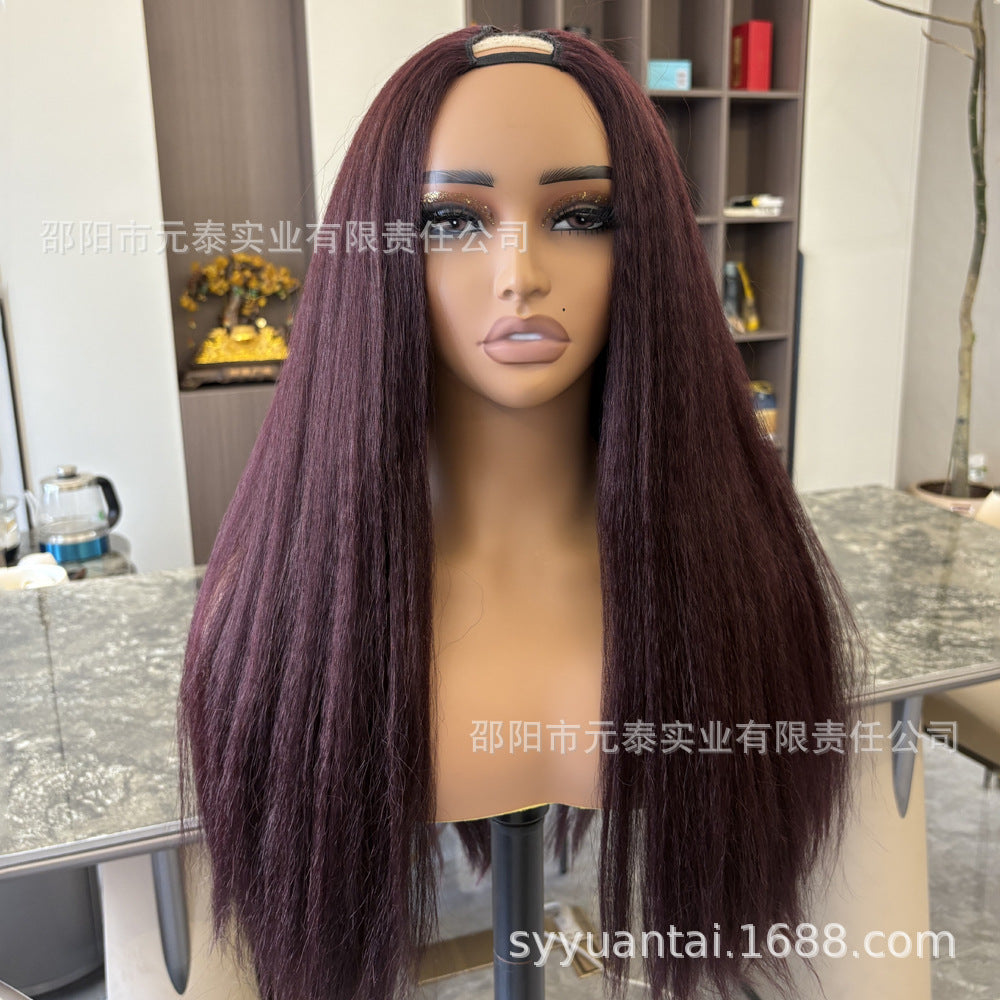 Black Fluffy U Long Straight Wig yaki Wig Hair Clip Half Wig U Part Yaki Wig