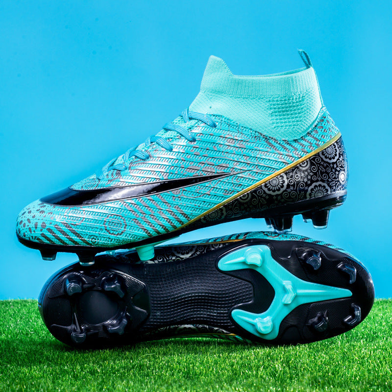 World Cup Same Style Blue and White Porcelain High-top Soccer Shoes for Men and Women, Children and Youth Competition Training Shoes