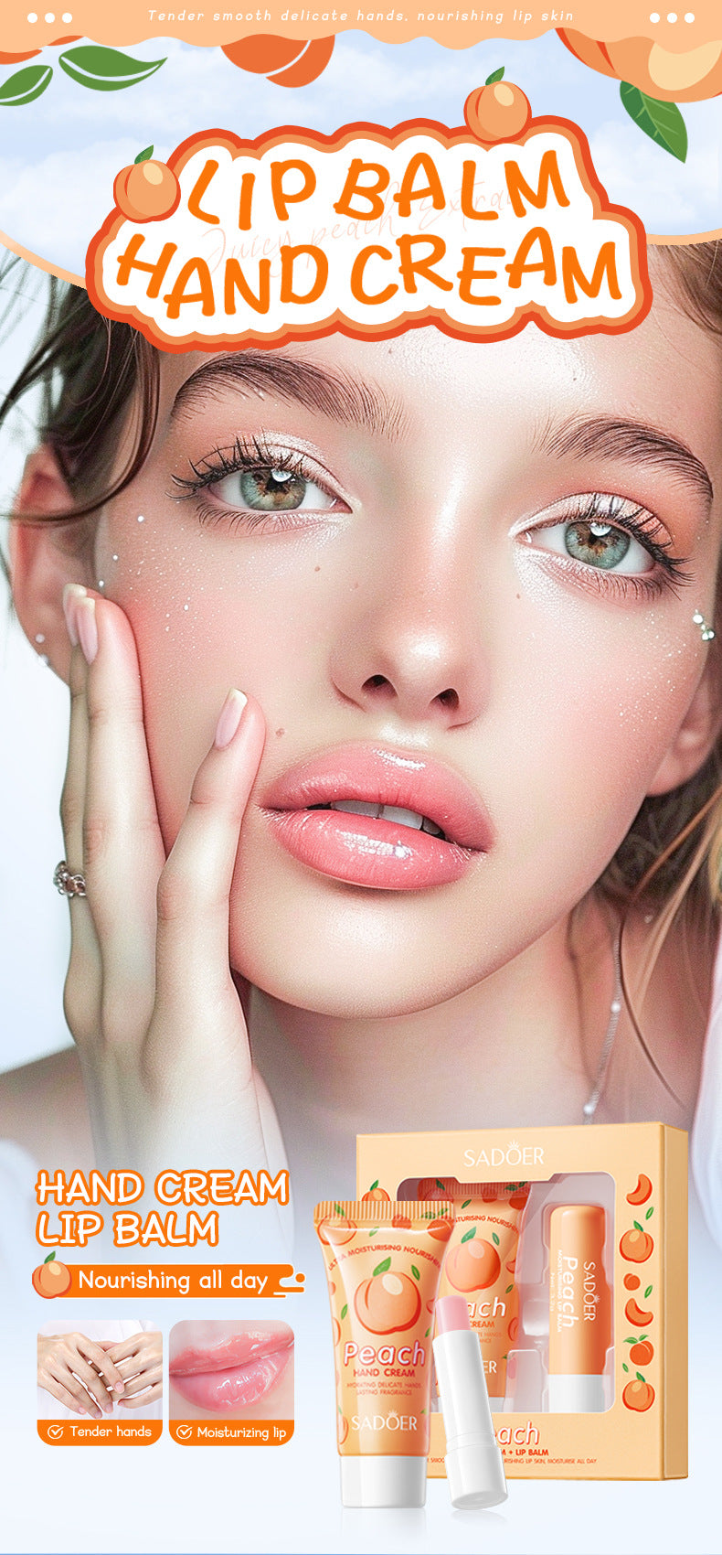 Full English Peach Hand Cream Lip Balm Set SADOER Nourishing Autumn and Winter Hand Cream Lip Balm  Wholesale