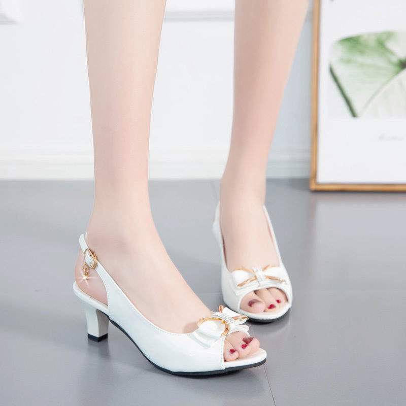 35-44 plus Size Women's Shoes42Fish Mouth Sandals Women Thick Heel Rhinestone Bow Buckle Strap Summer Women Shoes High Heels43