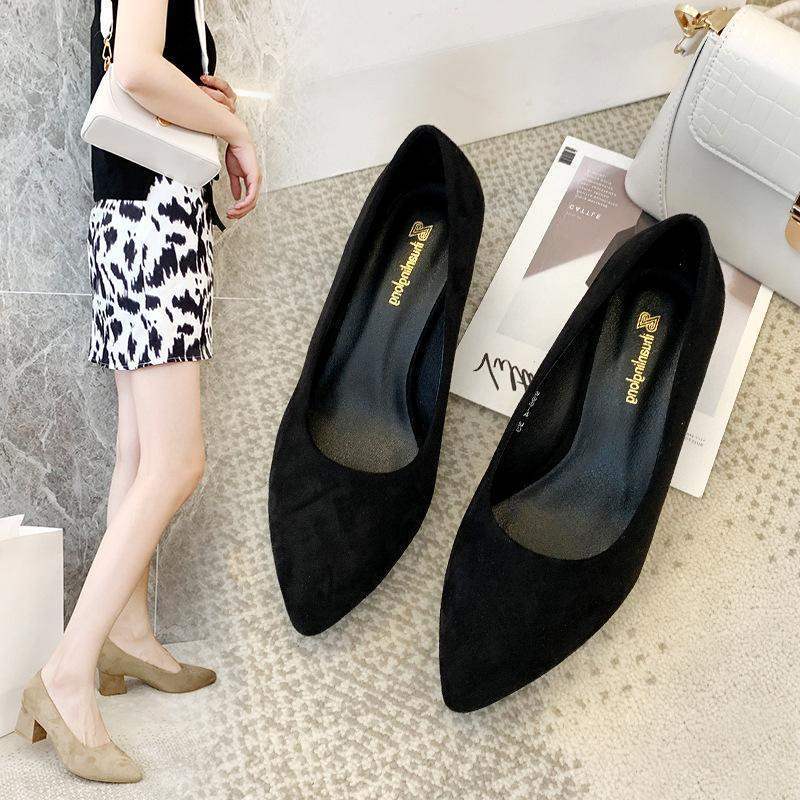 Etiquette Black Large Size High Heels Shallow Mouth Pointed Toe Non-Chafing Single Shoes Women Chunky Heel Professional Versatile Mid-Heel Work Shoes