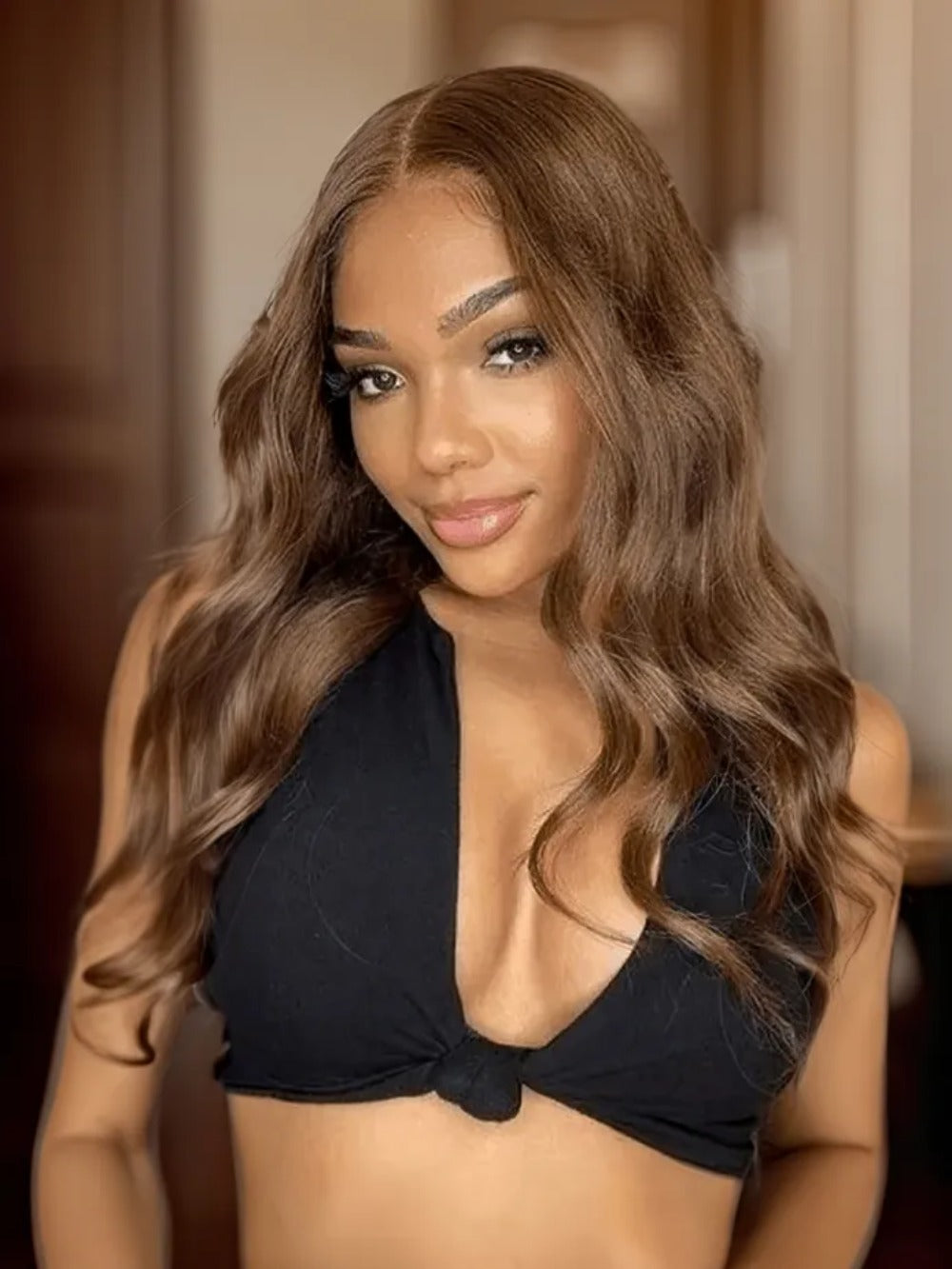 Women's Black Wig with Small Middle Part, Big Waves, Synthetic Long Curly Hair, Front Lace Wig, Wholesale Long Style with Side Bangs