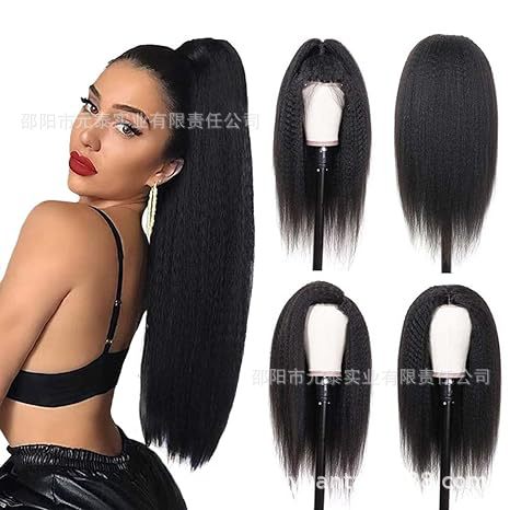 Kinky Straight 13x4 Lace Front Synthetic Wig Long Black Wigs
