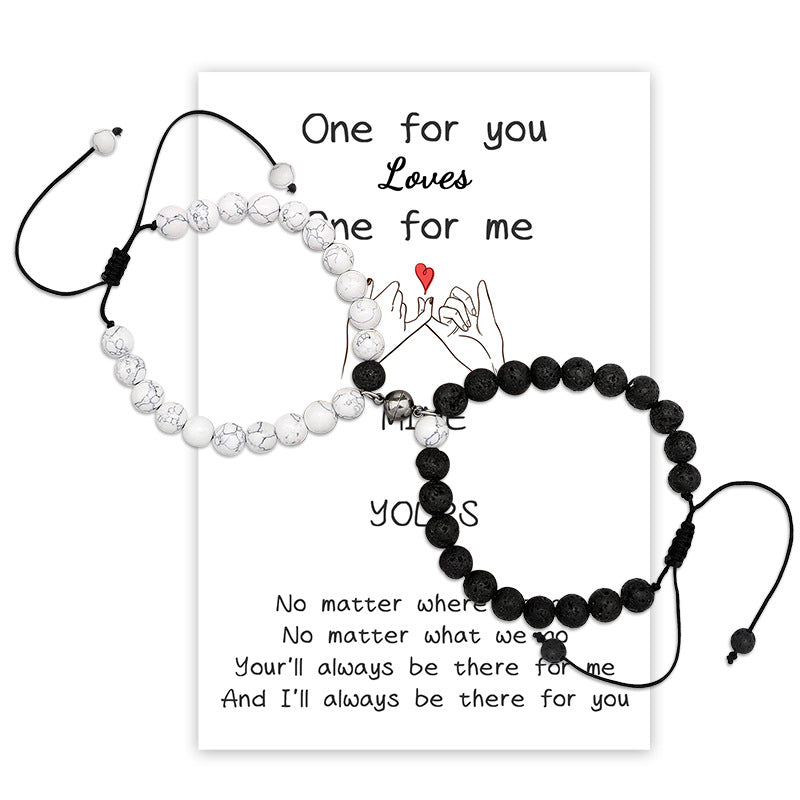 New Couple Card Bracelet Pink Quartz Volcanic Stone White Pine Heart Magnet Pink Quartz Couple Bracelet
