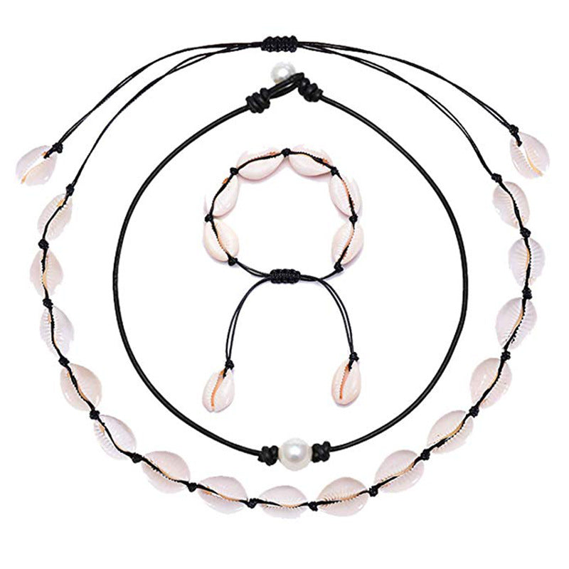 Women's Beach Shell Necklace Blue Pine Beaded Extension Chain Stretchable Handmade Woven Fragmented Shell Necklace Set