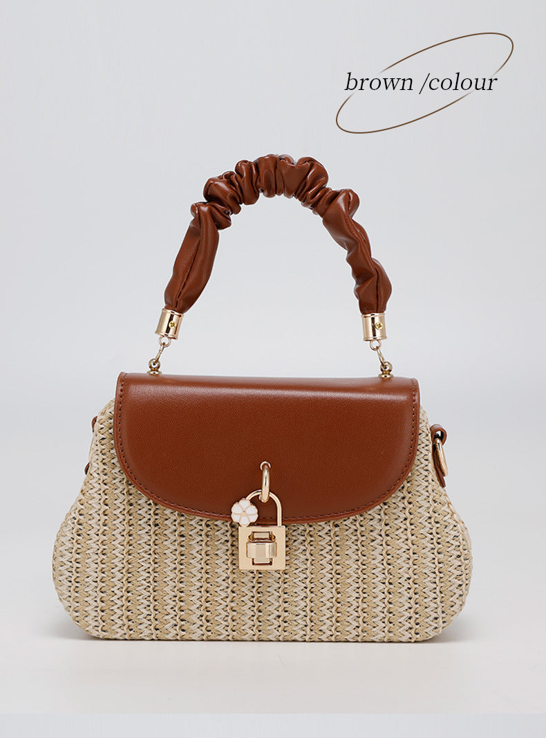 Summer New Style Straw Bag Fashion Box Bag Single Shoulder Crossbody Pleated Handbag Beach Vacation Ethnic Style Women's Bag