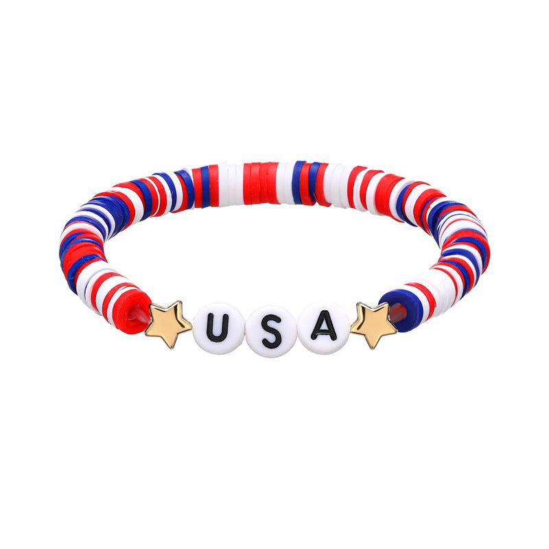 Independence Day Soft Clay Bracelet Set Flag Mixed Color Elastic Beads USA Alphabet Soft Clay Bracelet