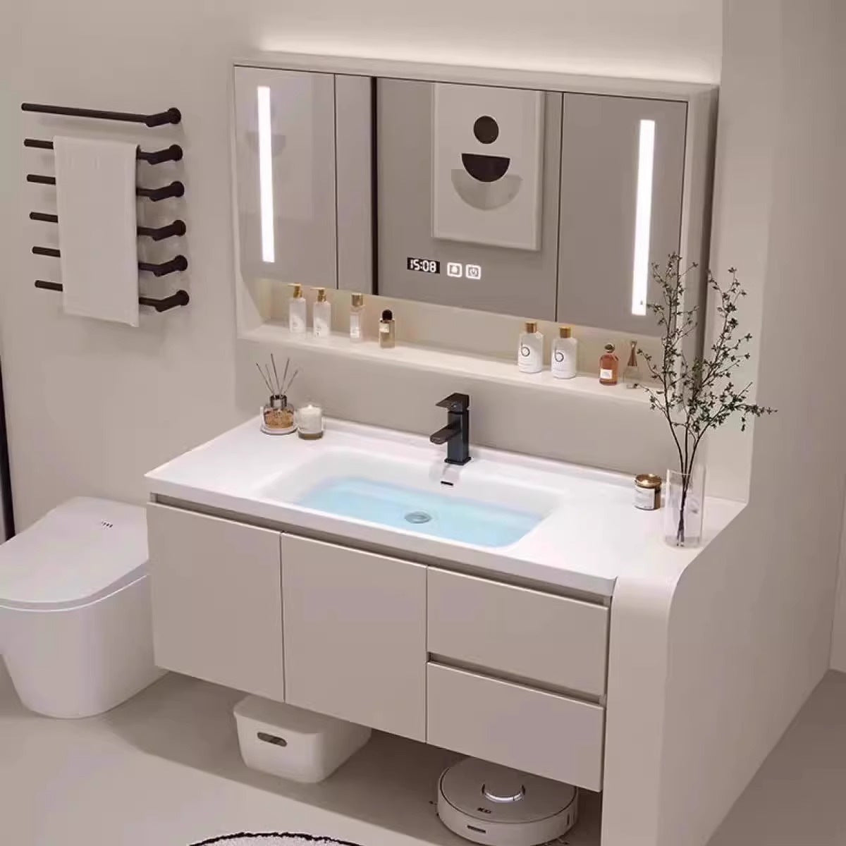 Aluminum Alloy Bathroom Cabinet Set Washroom Sink Basin Cabinet Washstand Ceramic Integrated Basin Smart Mirror Cabinet