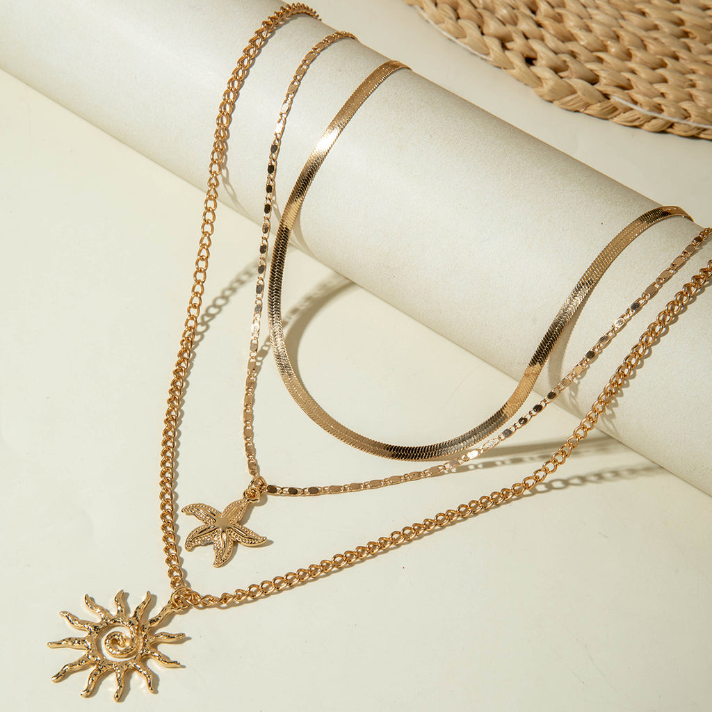 European and American Fashion Jewelry Double Layer Stacked Sunflower Pendant Necklace Simple Flat Snake Necklace Wholesale