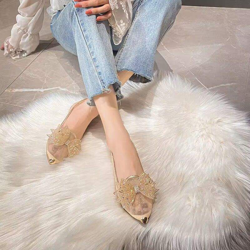 Women's Summer Mesh Single Shoes2025New Rhinestone Bow Gentle Style Lady Shoes Flat Breathable Mesh Shoes Pointed Toe