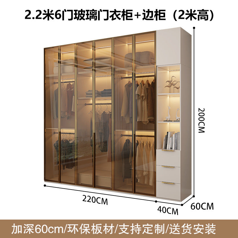 Glass Door Wardrobe with Lights, Solid Wood, Home Bedroom, Modern Simple European Pine Board, Cream Color, Skin Feel Storage, Large Wardrobe