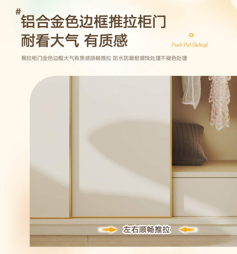 E0European Pine Board Warm White Sliding Door Wardrobe Desk Integrated Set Cream Style Bedroom Home Solid Wood Large Wardrobe