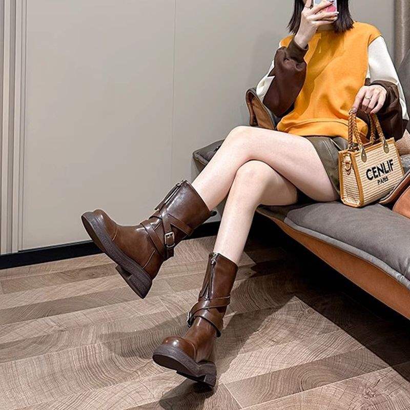 2025Spring and Autumn New Over-the-Knee Boots Women's Martin Boots Belt Buckle Thick-Soled Motorcycle Rider Boots High Tube Fashion Boots