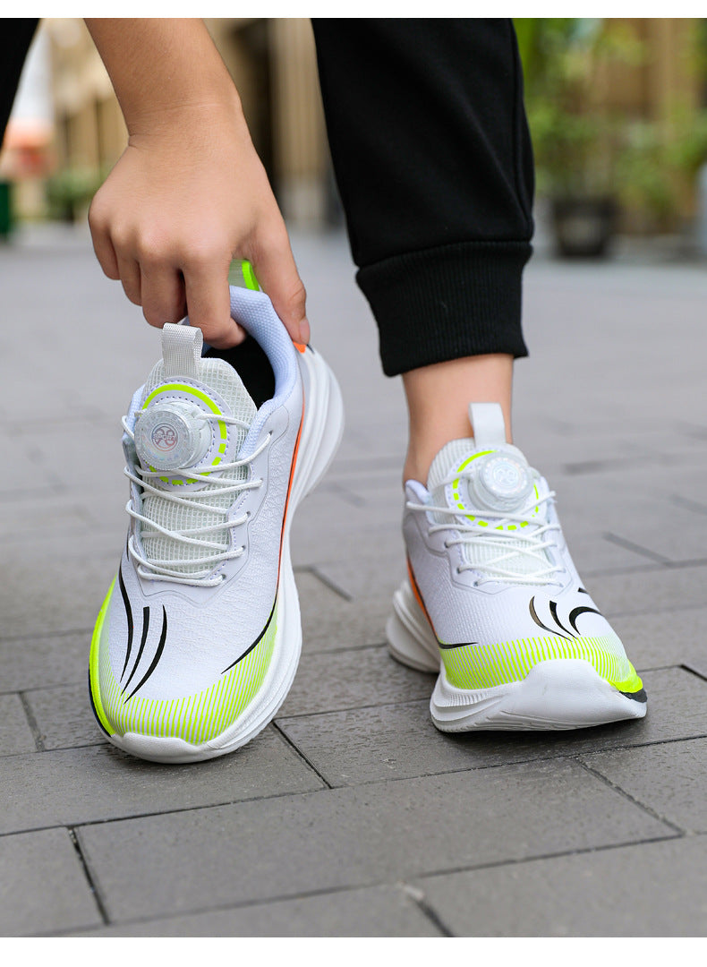 Children's shoes2025Rotating Button Leather Waterproof Boys' Running Shoes Girls' Lightweight Non-Slip Sports Shoes Trendy