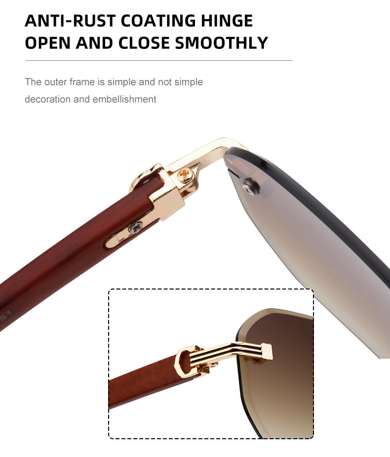 Frameless Glasses for Men High-End European and American Retro Imitation Wood Grain Temple Sunglasses UV Protection Personality Sunglasses