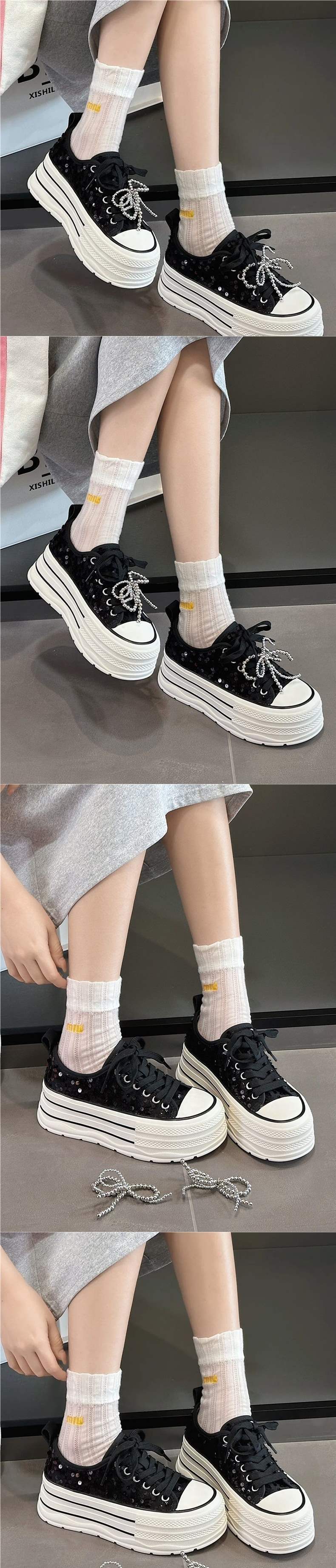Women's Thick-Soled Canvas Shoes2025Summer New Sequin Pearl White Shoes Lightweight Versatile Height-Increasing Casual Sneakers