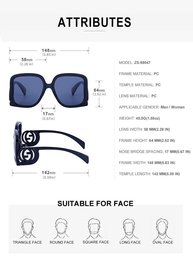 European and American fashion large frame sunglasses for women with a high-end feel INS Wind Sunglasses Sun Protection No Makeup Glasses Square Frame sunglasse