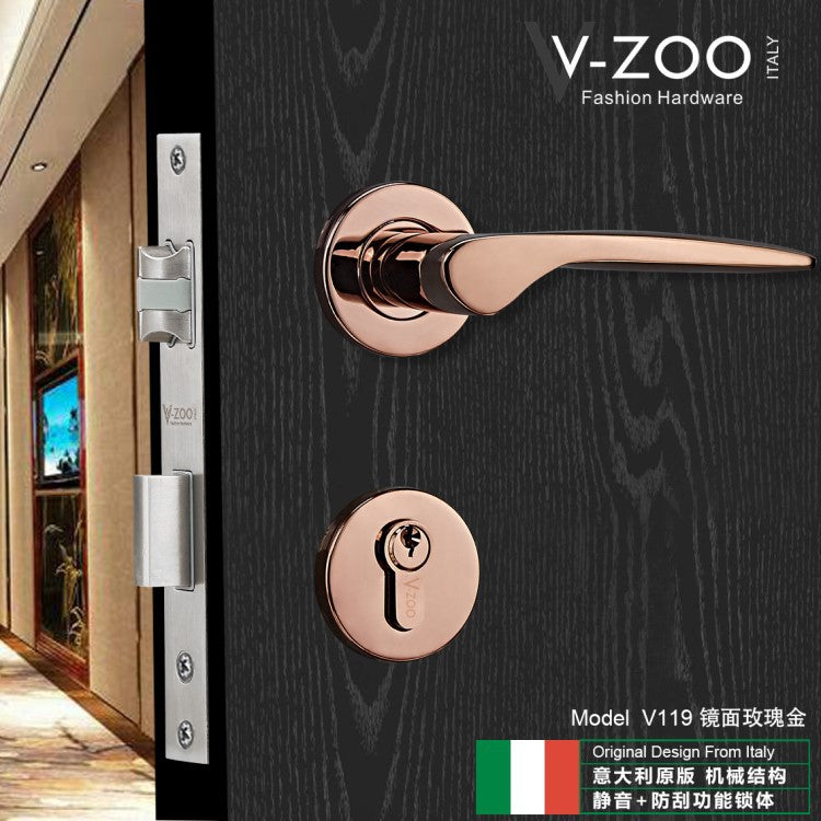 Solid Space Aluminum Bedroom Door Lock Wooden Door Interior Door Accessories Rose Gold Split Lock Silent Door Handle