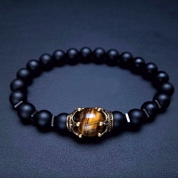 Men's Black Matte White Pine Bracelet8mm Elastic Cord Beaded Black Gallstone Volcanic Tiger Eye Frosted Crown Bracelet