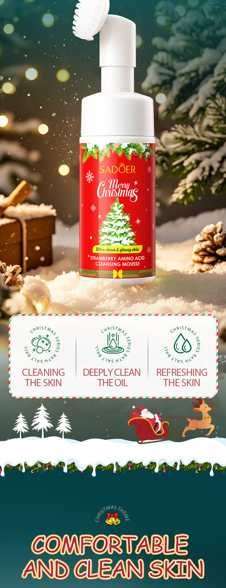 Full English Christmas Strawberry Amino Acid Cleansing Mousse SADOER Cleansing facial cleanser  foreign trade wholesale