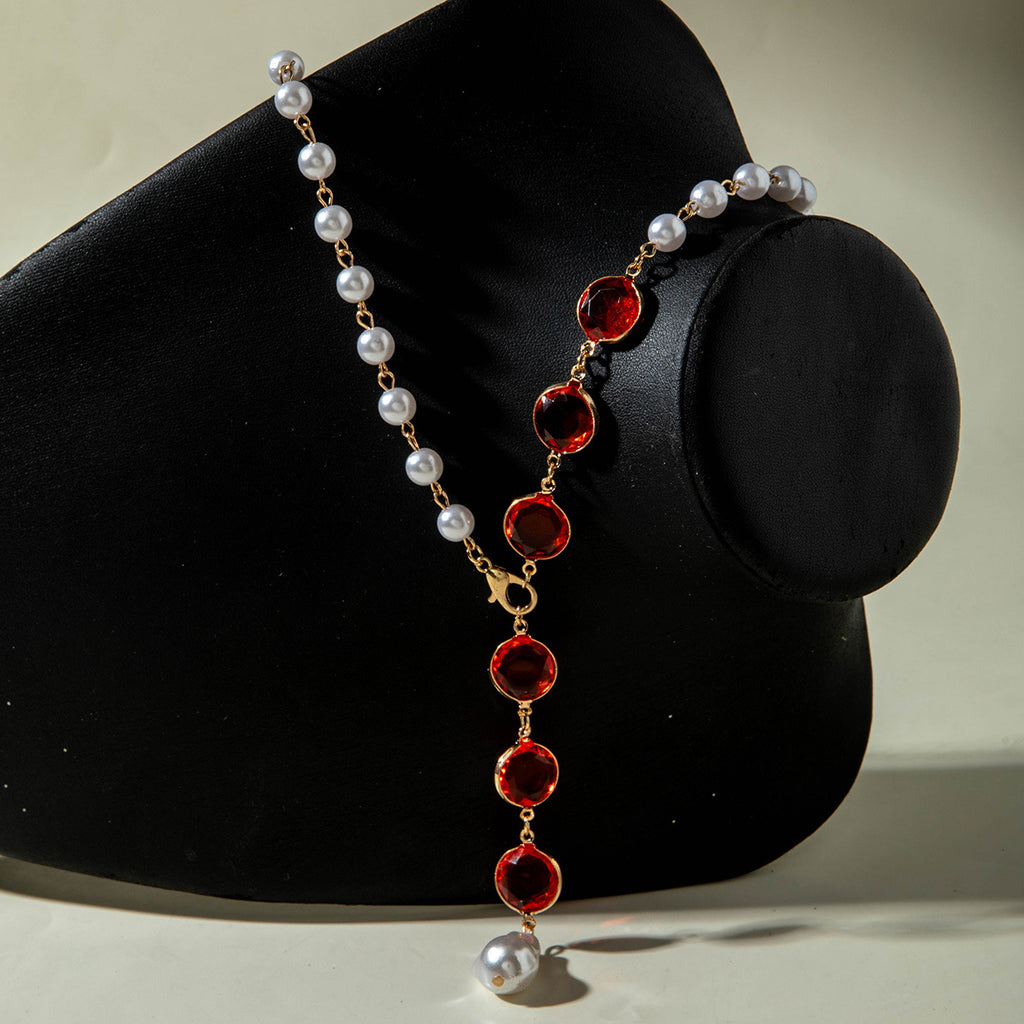 European and American Jewelry Red Diamond Cross Pendant Pearl Necklace Geometric Oval Red Diamond Necklace Wholesale