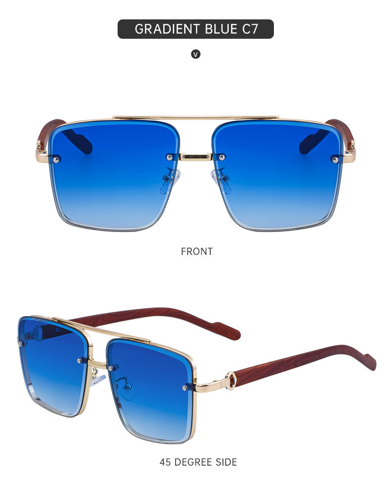 European and American Style Square Frame Cut Edge Sunglasses for Men with Imitation Wood Grain Temples, Men's Trendy Wholesale sunglass