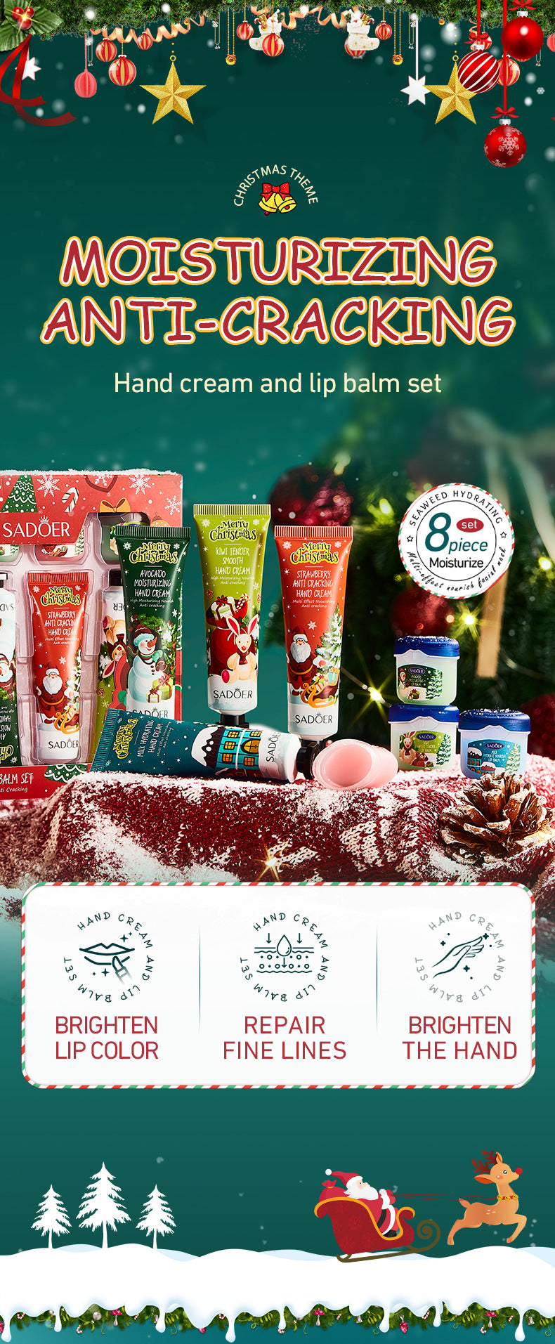 Full English Christmas Hand Cream Lip Balm Combo Set SADOER Anti-chapping Moisturizing  Wholesale
