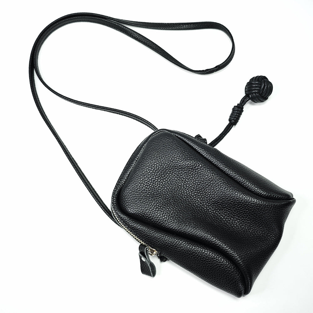 Niche Genuine Leather Phone Bag for Women2025Korean Style Fashion Versatile Lightweight Woven Ball Small Crossbody Bag