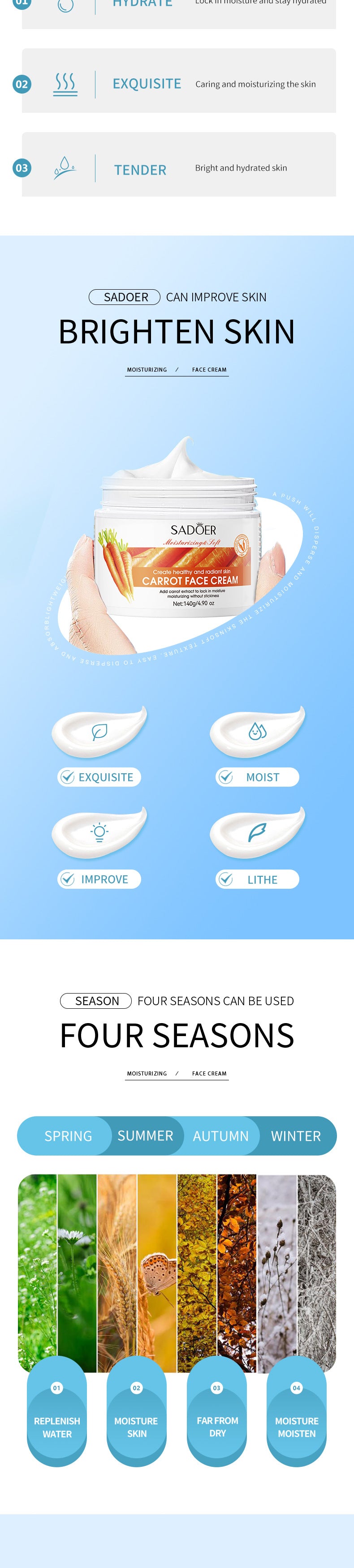 Plant Face Cream SADOER Avocado Aloe Carrot Moisturizing Cream  Wholesale