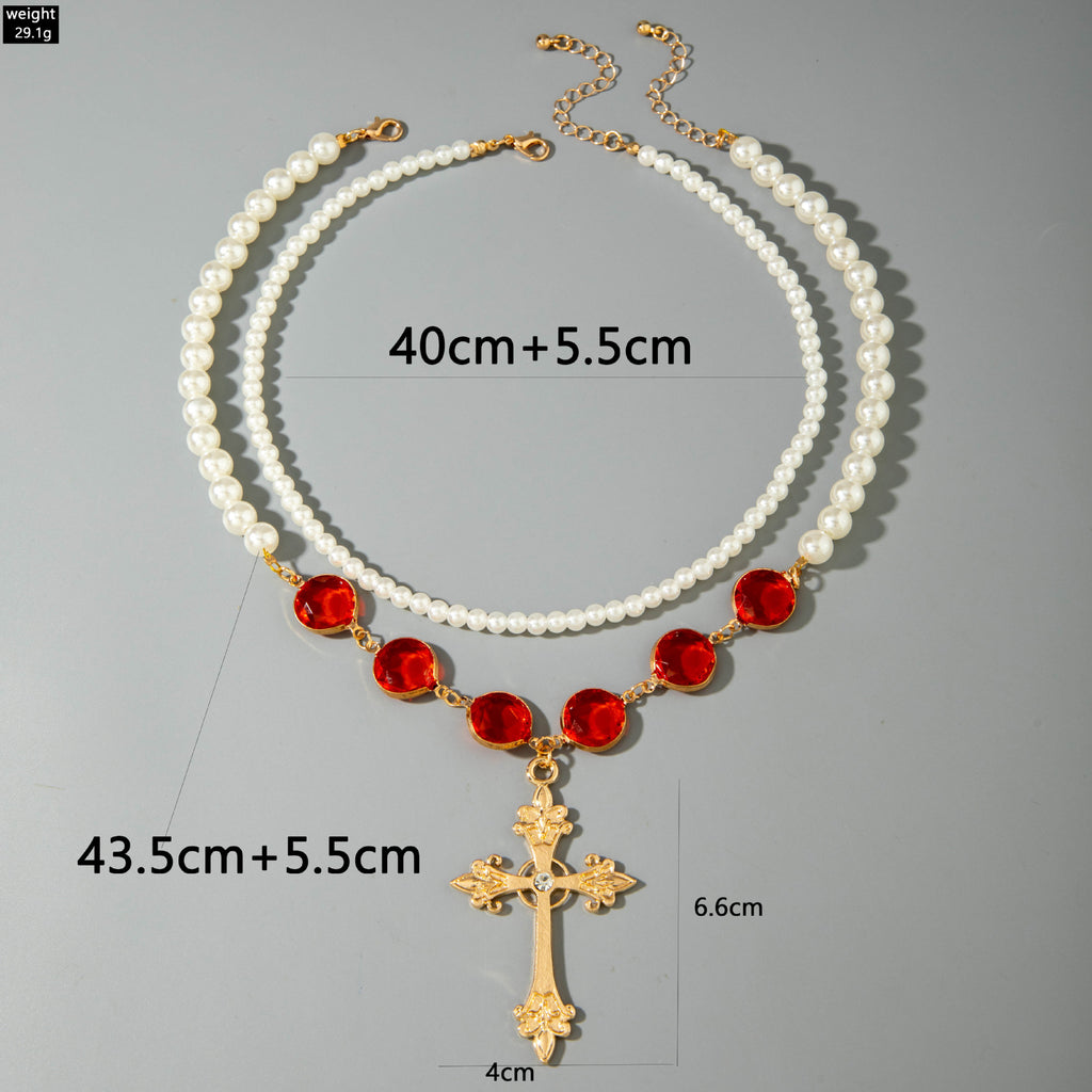 European and American Jewelry Red Diamond Cross Pendant Pearl Necklace Geometric Oval Red Diamond Necklace Wholesale