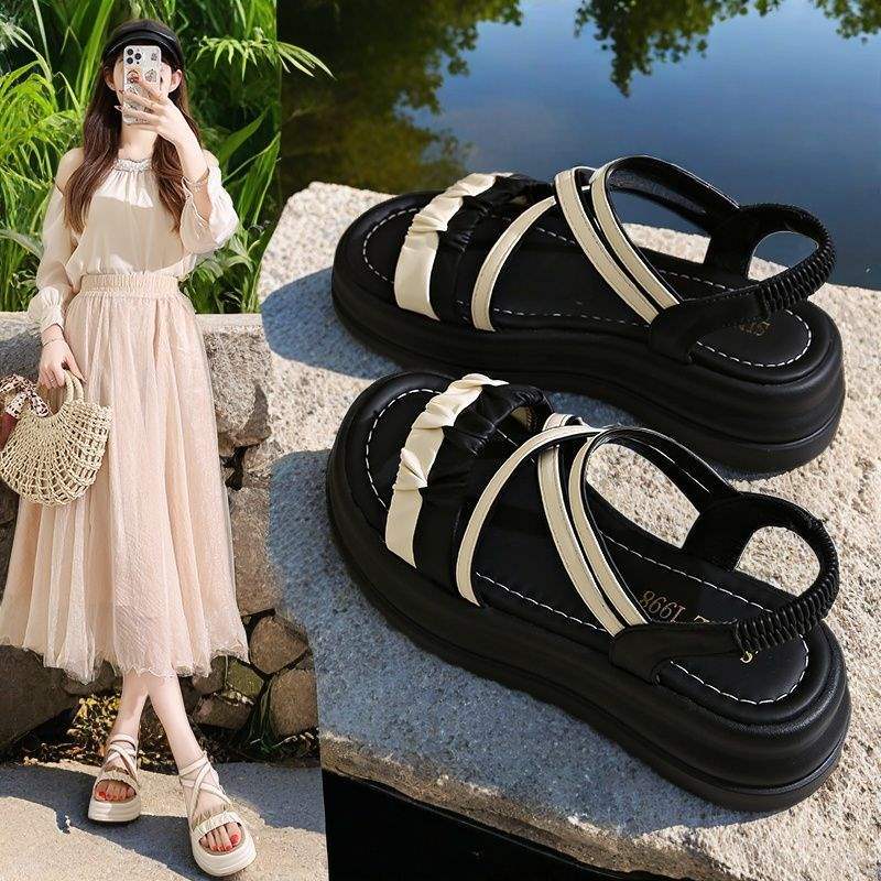 Waterproof Platform Roman Sandals for Women, Breathable Non-Slip Thick Sole Women's Shoes, Student Outdoor Casual Versatile Elastic Strap Beach Shoes