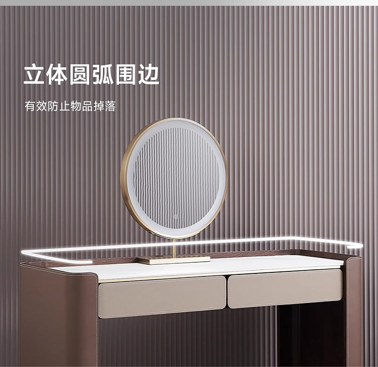 Italian Minimalist Saddle Leather Solid Wood Dressing Table Small Apartment Rock Board Makeup Table Chest of Drawers Integrated Bedroom Makeup Table