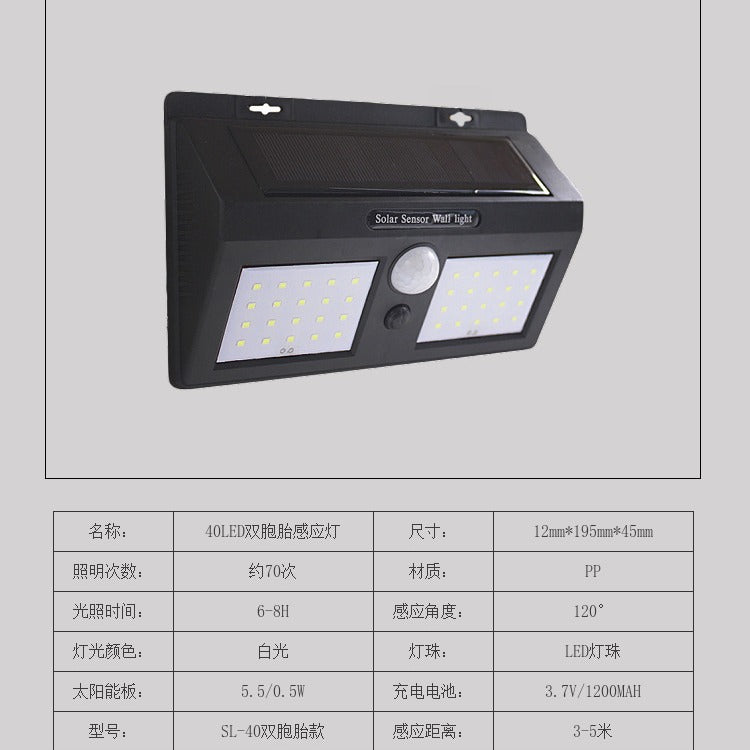 Solar Light Outdoor Waterproof Wall Light40LED Street Light Twin Garden Landscape Lamp Human Body Sensor Street Light