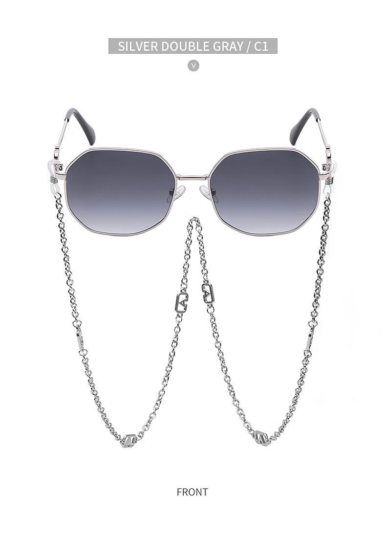 Chain Sunglasses for Women, Internet Celebrity Style, Anti-Drop Chain, Irregular Polygonal Full Frame Sunglasses for Women, Trendy