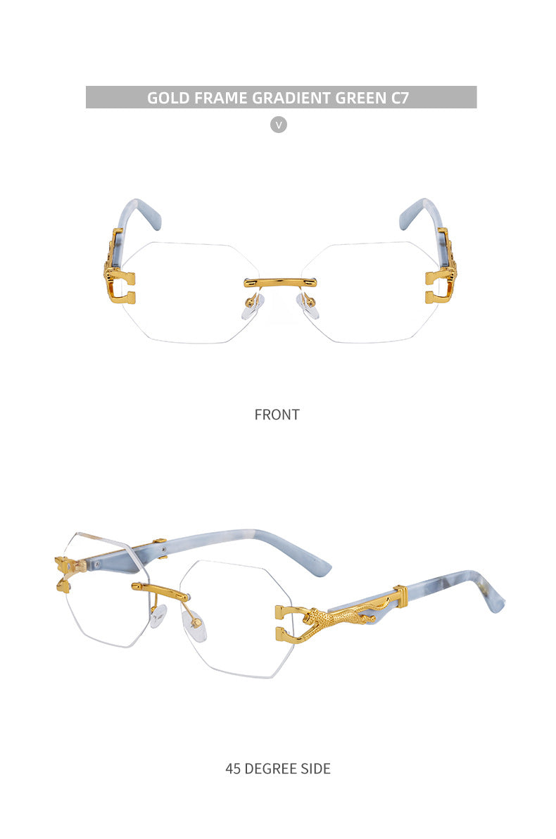 New European and American Retro Frameless Sunglasses for Men with Imitation Wood Grain Temples Wholesale Glasses shades