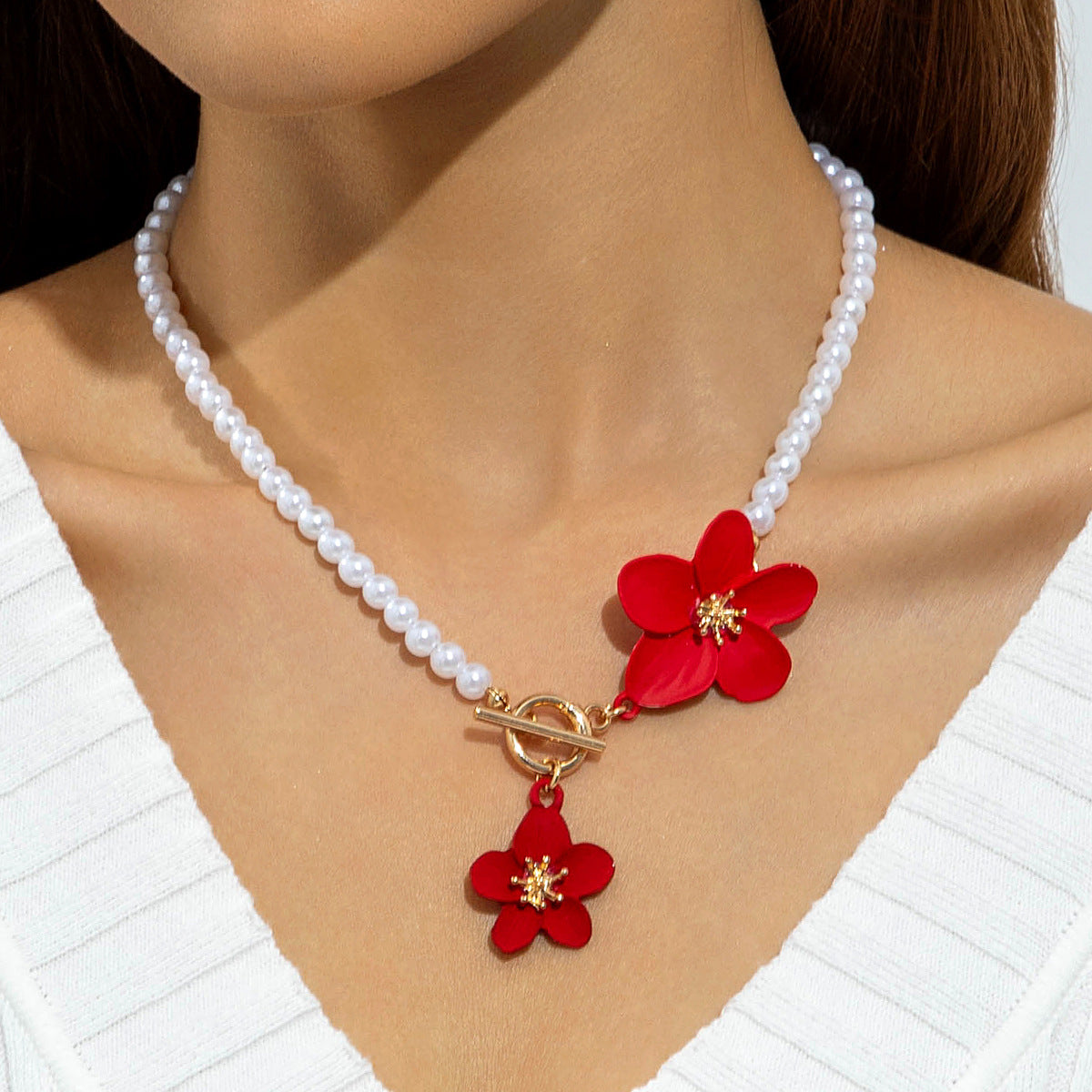 European and American Fashion Simple Alloy Flower Pendant Pearl Necklace  Elegant and versatile OT Buckle Design Sense Accessories