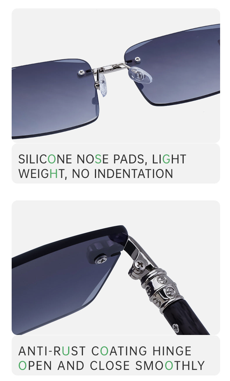 European and American Retro Frameless Sunglasses for Men with Imitation Wood Grain Temples, Men's Mountaineering Glasses shades