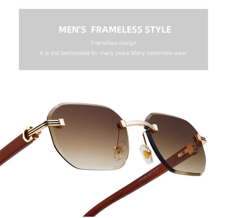 【Customization】Diamond Cut Rimless Glasses for Men, European and American Retro Style, Imitation Wood Grain Temple Sunglasses, Sun Protection Sunglasses