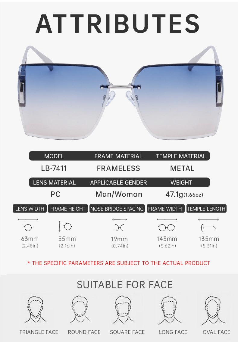 New European and American Fashion Diamond Cut Edge Rimless Sunglasses for Women Trendy Hollow Temple Large Frame Sunglasses Women's Glasses