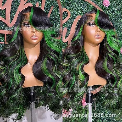 Highlight Green Body Wave Wig Skunk Stripe Lace Front Wig