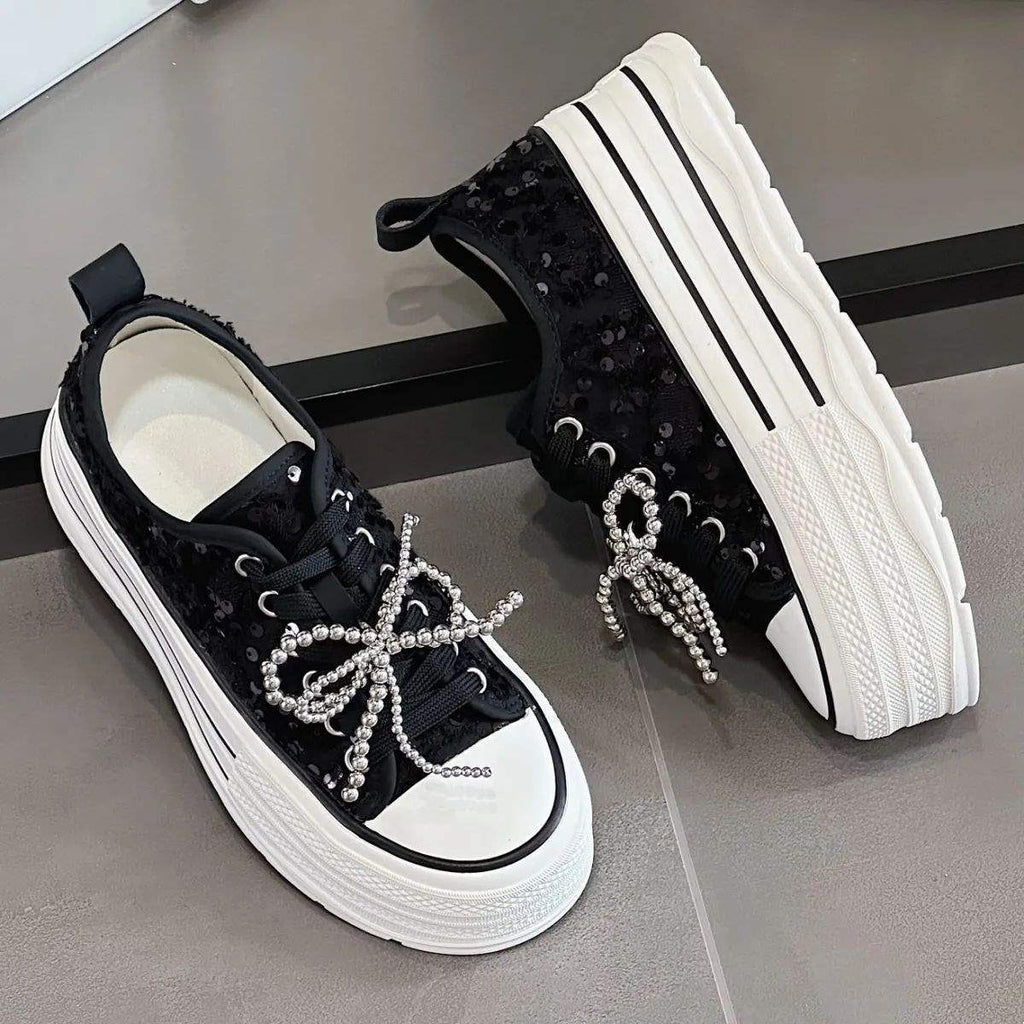 Women's Thick-Soled Canvas Shoes2025Summer New Sequin Pearl White Shoes Lightweight Versatile Height-Increasing Casual Sneakers