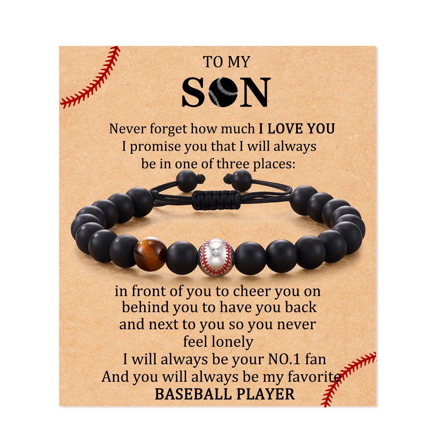 Football Beaded Bracelet to my son Gift Black Matte Coach Bracelet Tiger Eye Stone Baseball Woven Bracelet