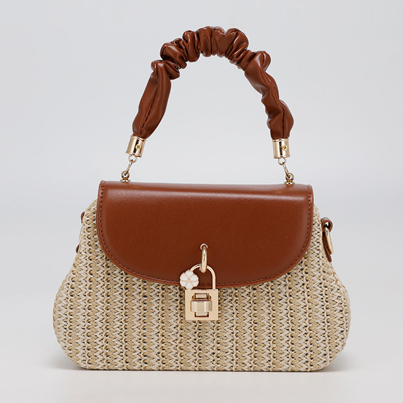 Summer New Style Straw Bag Fashion Box Bag Single Shoulder Crossbody Pleated Handbag Beach Vacation Ethnic Style Women's Bag