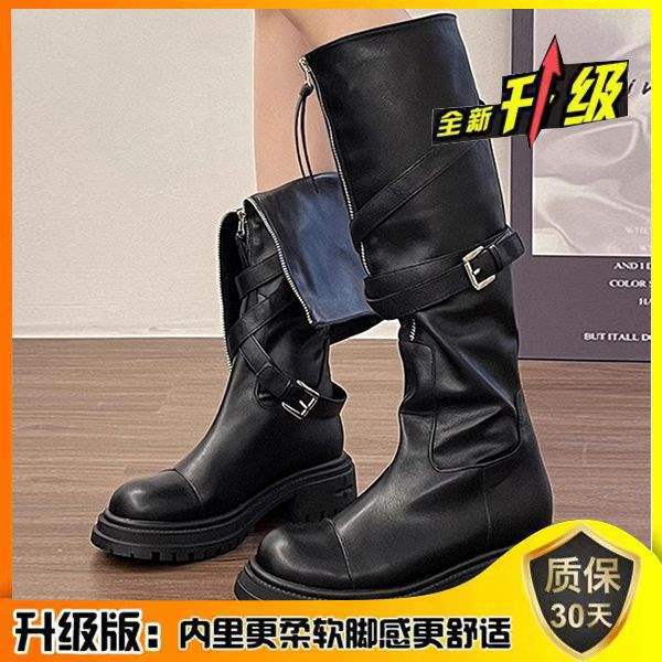 2025Spring and Autumn New Over-the-Knee Boots Women's Martin Boots Belt Buckle Thick-Soled Motorcycle Rider Boots High Tube Fashion Boots