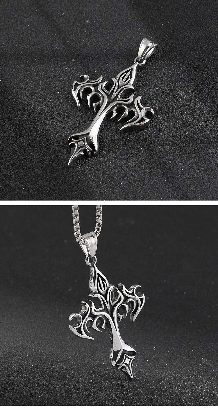 Hot Selling Men's Creative Cross Flame Pendant Punk Style Iron Warrior Stainless Steel Necklace Wholesale