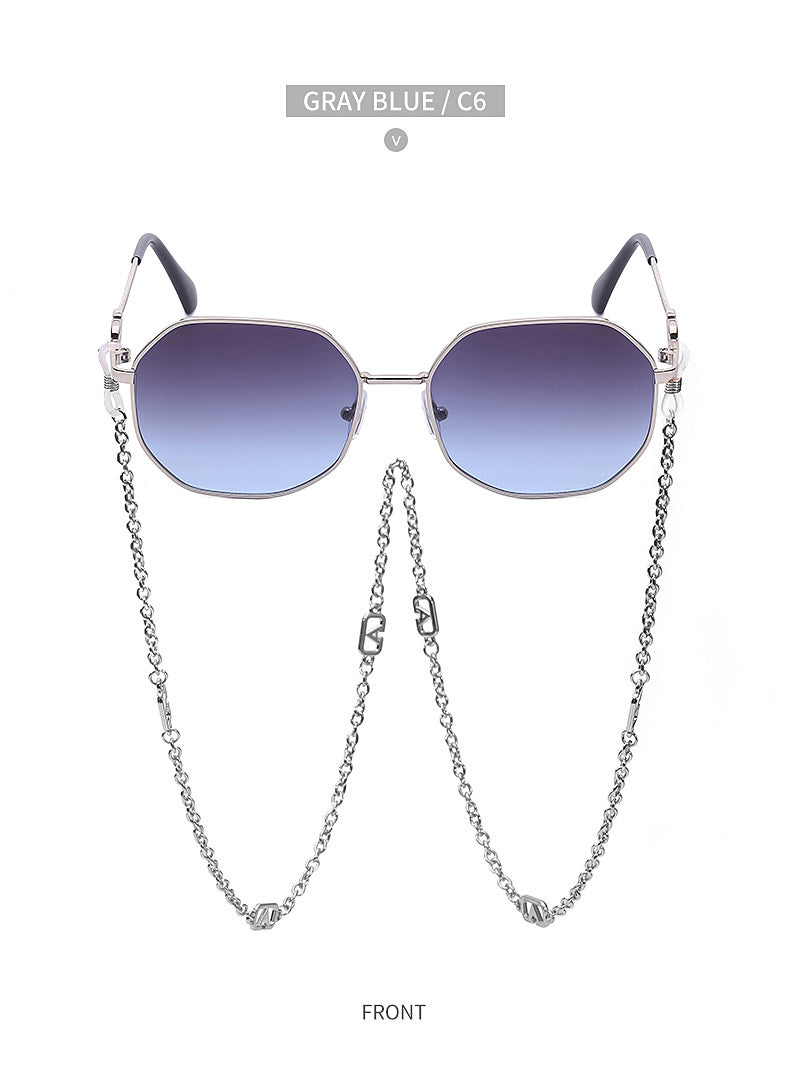 Chain Sunglasses for Women, Internet Celebrity Style, Anti-Drop Chain, Irregular Polygonal Full Frame Sunglasses for Women, Trendy