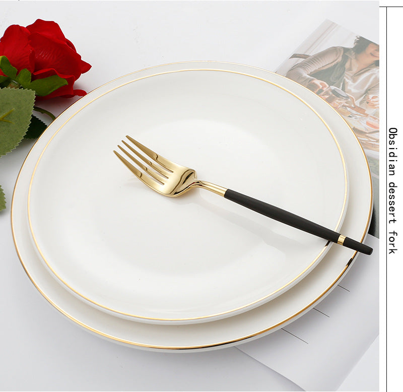 304Stainless Steel Portuguese Tableware Creative Lathe Craft Glossy Mirror Black Gold Round Spoon Dessert Spoon Fork