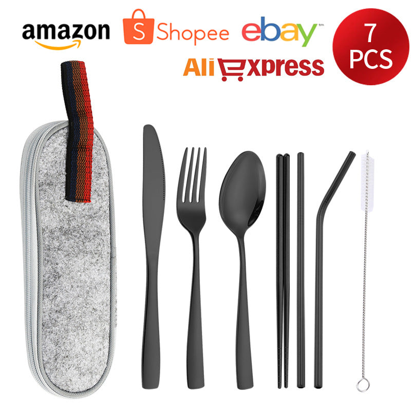 410Stainless Steel Portable Outdoor Camping Tableware Set304Stainless Steel Straw Knife Fork Spoon Chopsticks Seven-Piece Set