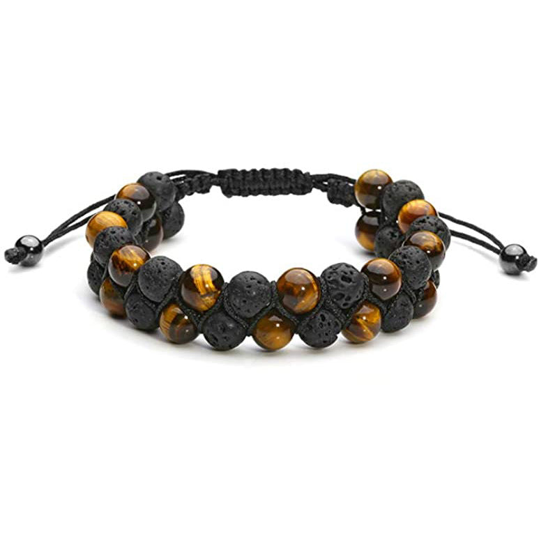 Men's Volcanic Tiger Eye Stone Double Layer Braided Bracelet Lapis Lazuli Agate Beaded Volcanic Black Gallstone Double Row Braided Bracelet