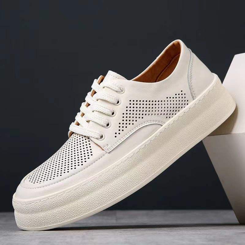 Men's Summer Height-Increasing Thick-Soled Breathable Odor-Resistant Trendy Versatile Genuine Soft Leather Couple's White Shoes Hole Shoes